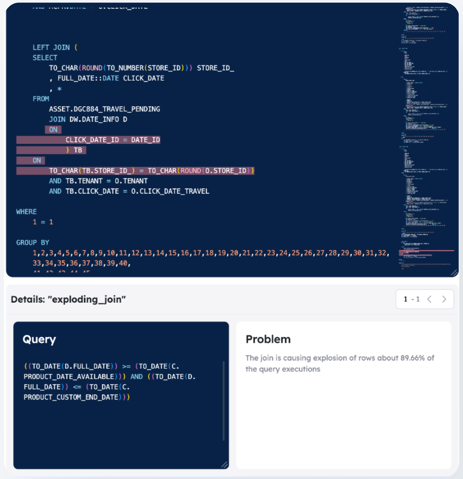 SQL code analysis highlighting key lines for optimization