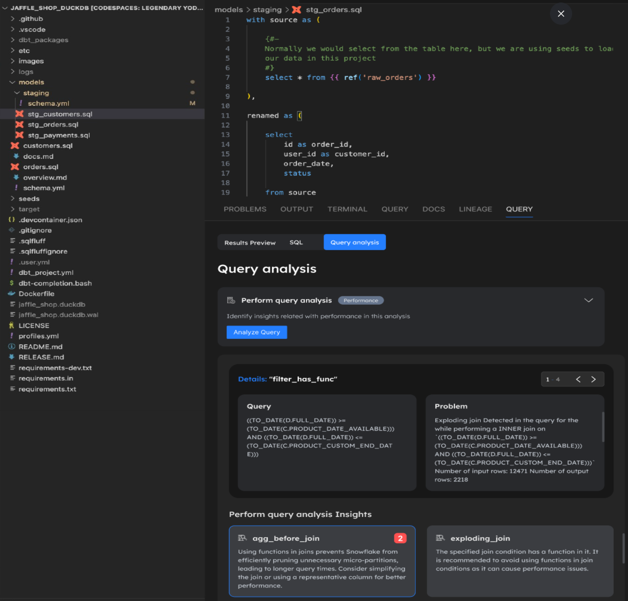 IDE integration showing real-time SQL anti-pattern detection