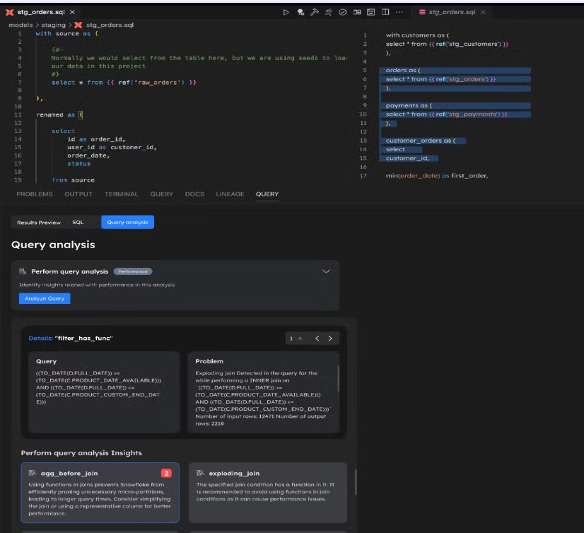 IDE integration showing real-time SQL anti-pattern detection